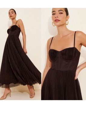 Hutch Anthropologie Amara Corset Pleated Midi Dress in Chocolate Brown